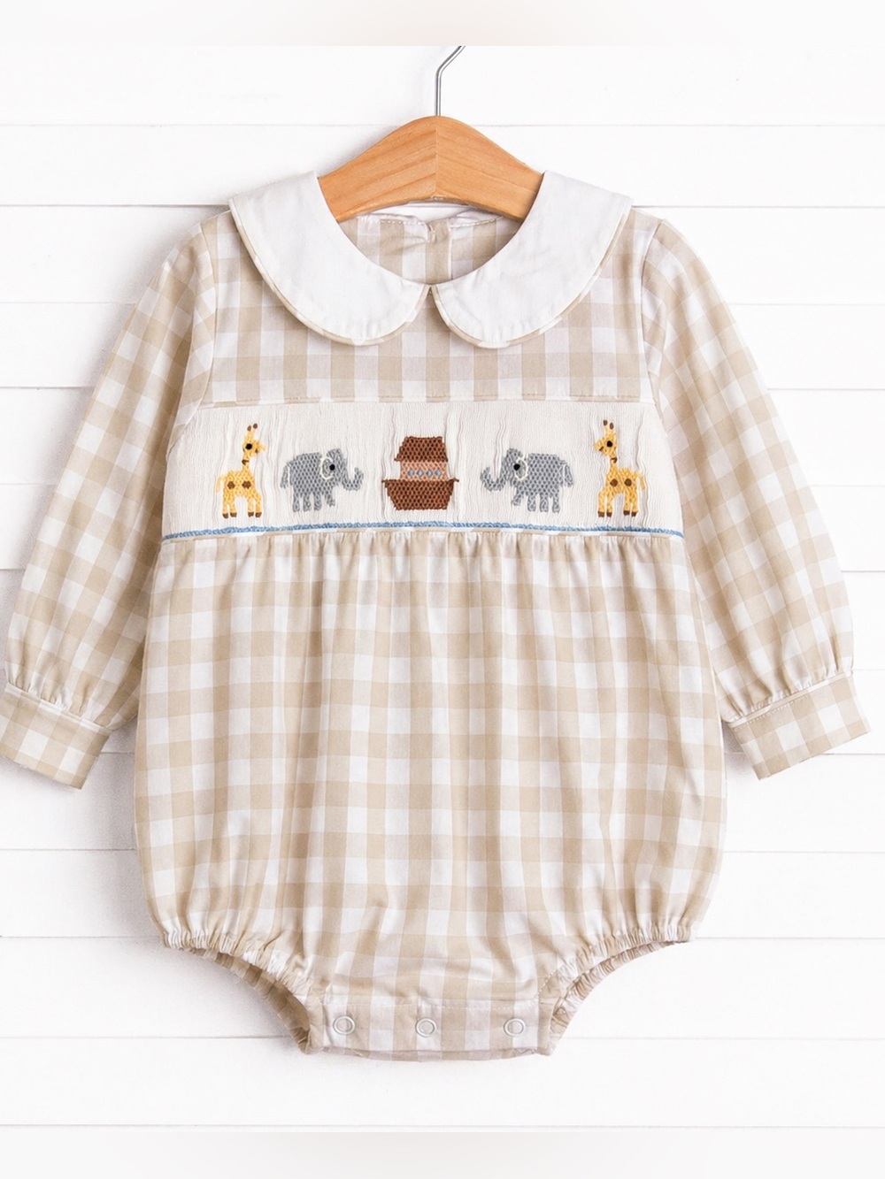 NWOT Stitchy Fish Noah’s Ark Smocked Safari Bubble Gingham Long Sleeve Size: 3M
